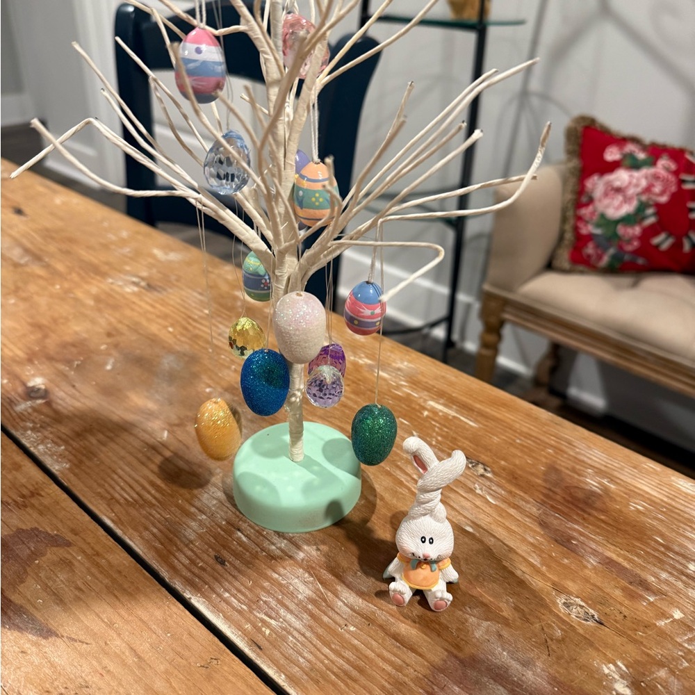 White Easter Egg Tree w assorted egg ornaments w twisted ear bunny figurine
